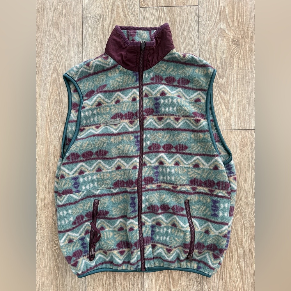 VTG Columbia Vest Womens Medium Blue Fleece Zip Coat Aztec Jacket Outdoors
